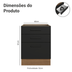 Balcão de Cozinha 60 cm 3 Gavetas (Sem Tampo) Rustic/Preto Agata Madesa