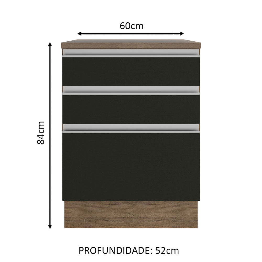 Balcão Madesa Glamy 60 cm 3 Gavetas Rustic/Preto