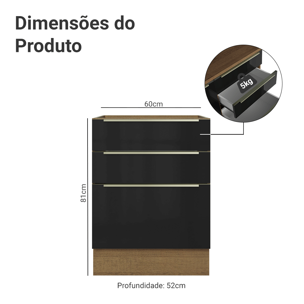 Balcão de Cozinha 60 cm 3 Gavetas (Sem Tampo) Rustic/Preto Lux Madesa