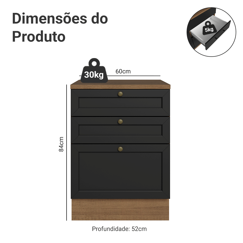 Balcão de Cozinha 60 cm 3 Gavetas Rustic/Preto Vik Madesa