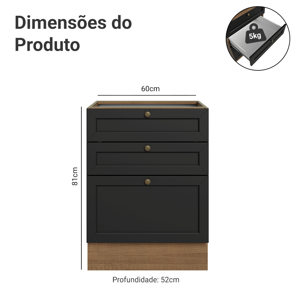 Balcão de Cozinha 60 cm 3 Gavetas (Sem Tampo) Rustic/Preto Vik Madesa