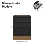Balcão de Cozinha 60 cm 3 Gavetas (Sem Tampo) Rustic/Preto Vik Madesa
