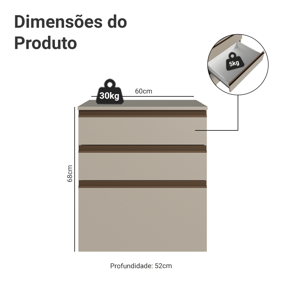 Balcão de Cozinha 60 cm 3 Gavetas Suspenso Crema Nice Madesa