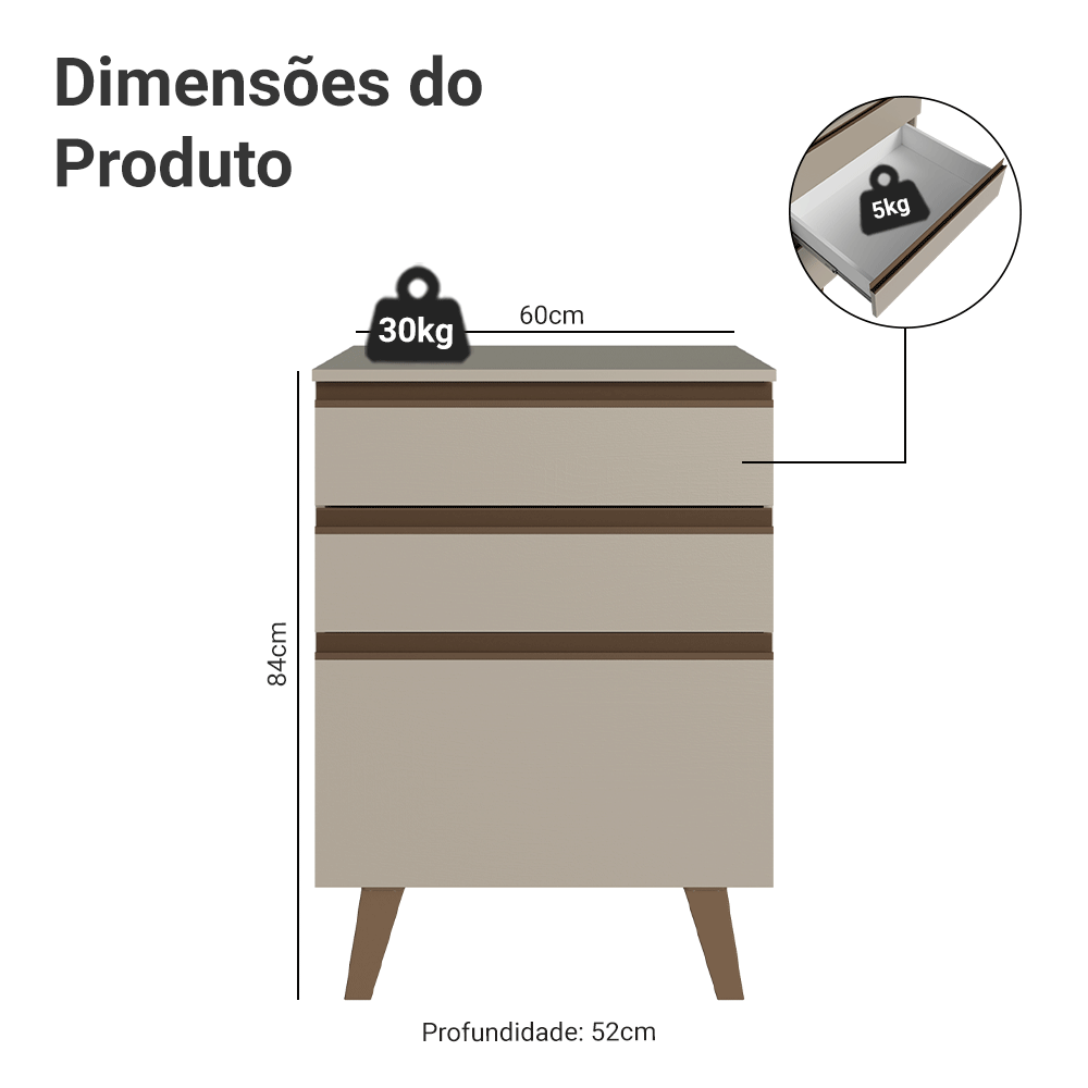 Balcão de Cozinha 60 cm 3 Gavetas Com Pés Crema Nice Madesa