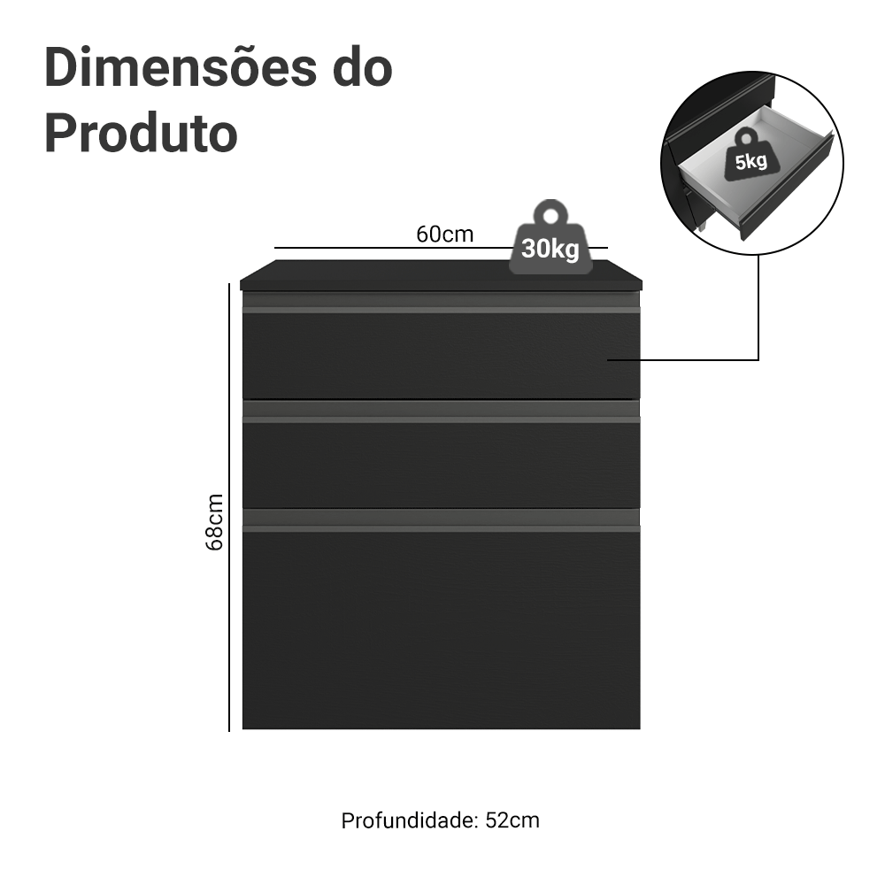 Balcão de Cozinha 60 cm 3 Gavetas Suspenso Preto Nice Madesa
