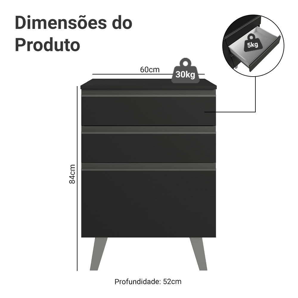 Balcão de Cozinha 60 cm 3 Gavetas Com Pés Preto Nice Madesa