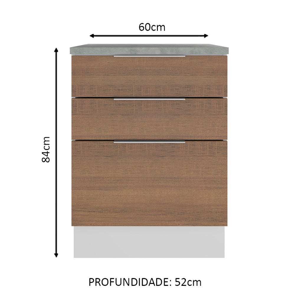 Balcão Madesa Stella 60 cm 3 Gavetas Branco/Rustic