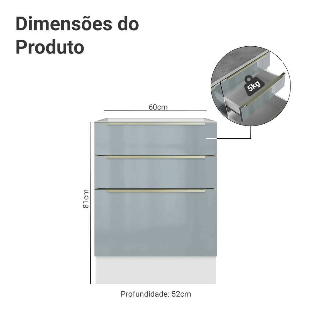 Balão de Cozinha 60 cm 3 Gavetas (Sem Tampo) Branco/Cinza Lux Madesa