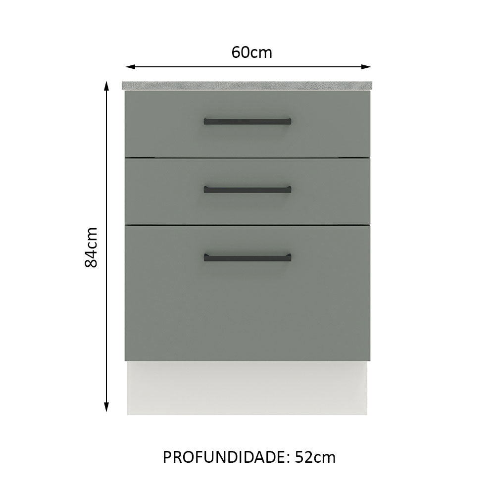 Balcão Madesa Agata 60 cm 3 Gavetas Branco/Cinza