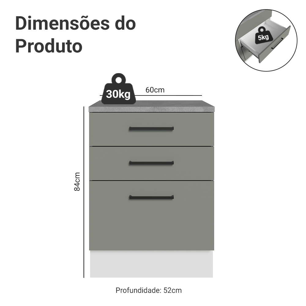 Balcão Madesa Agata 60 cm 3 Gavetas Branco/Cinza