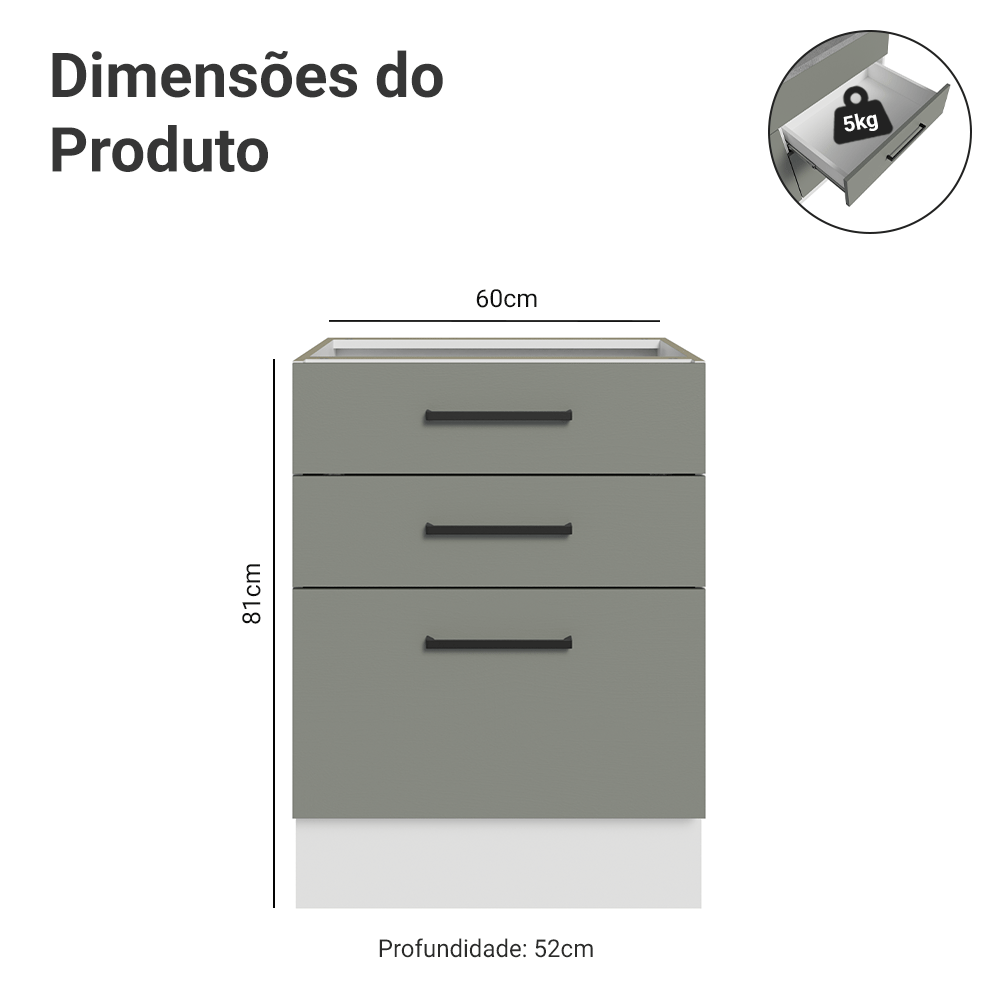 Balcão de Cozinha 60 cm 3 Gavetas (Sem Tampo) Branco/Cinza Agata Madesa