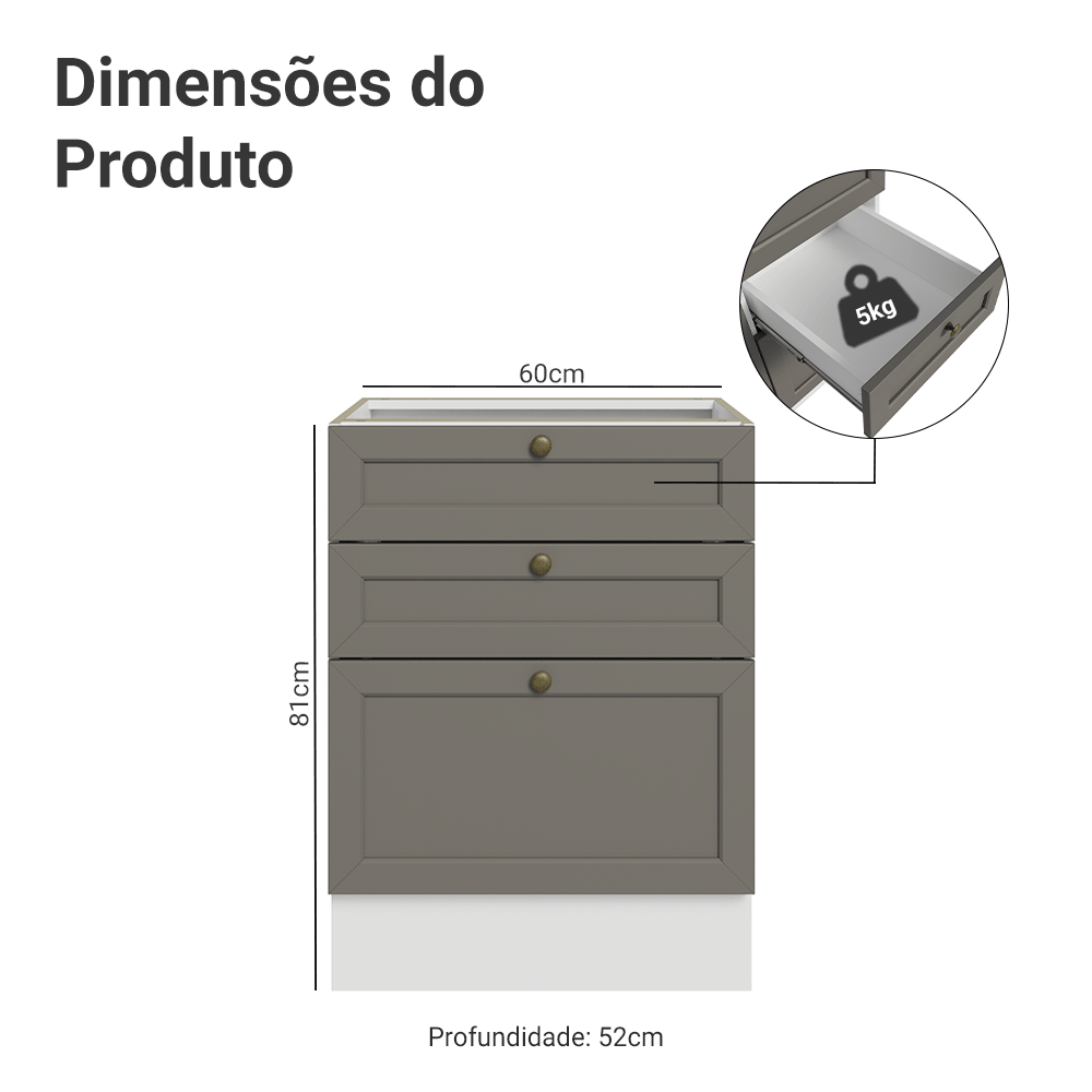 Balcão de Cozinha 60 cm 3 Gavetas (Sem Tampo) Branco/Cinza Vik Madesa