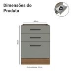 Balcão de Cozinha 60 cm 3 Gavetas (Sem Tampo) Rustic/Cinza Agata Madesa