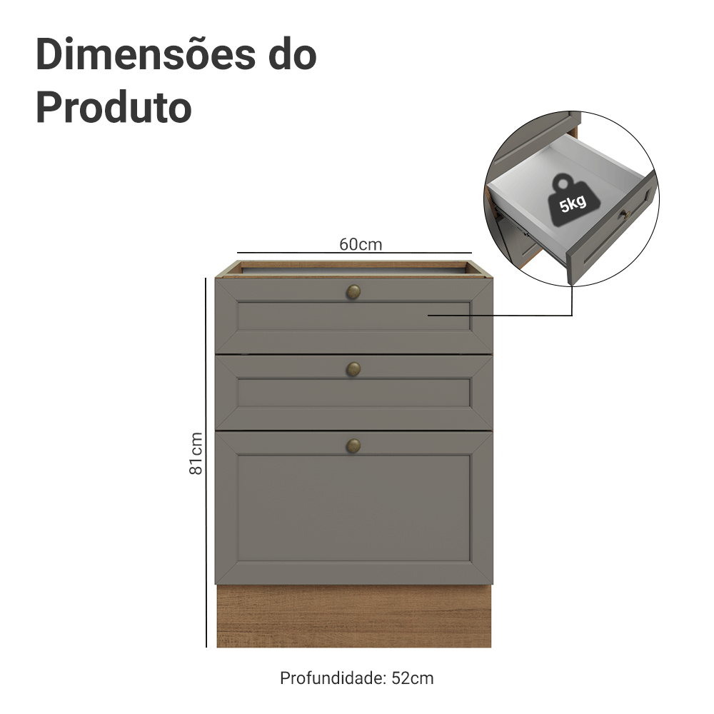 Balcão de Cozinha 60 cm 3 Gavetas (Sem Tampo) Rustic/Cinza Vik Madesa