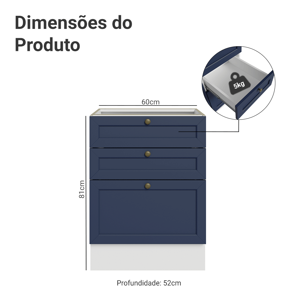 Balcão de Cozinha 60 cm 3 Gavetas (Sem Tampo) Branco/Azul Vik Madesa
