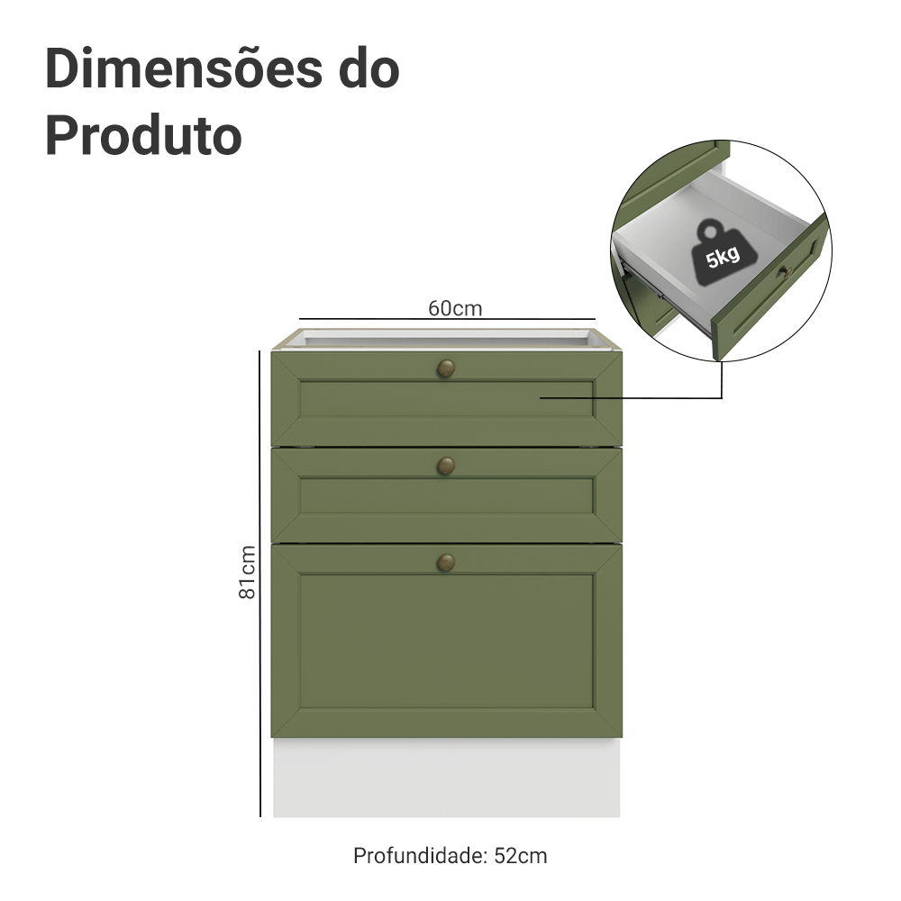 Balcão de Cozinha 60 cm 3 Gavetas (Sem Tampo) Branco/Verde Vik Madesa