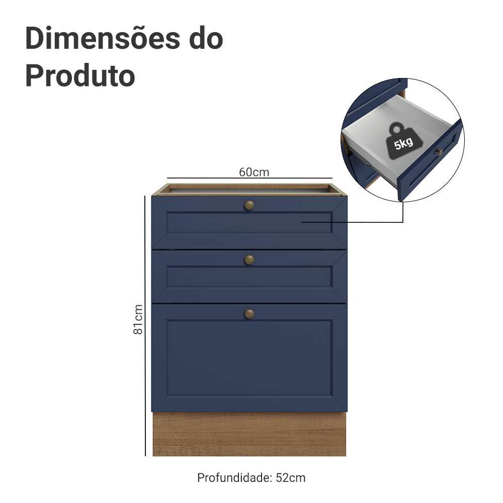 Balcão de Cozinha 60 cm 3 Gavetas (Sem Tampo) Rustic/Azul Vik Madesa