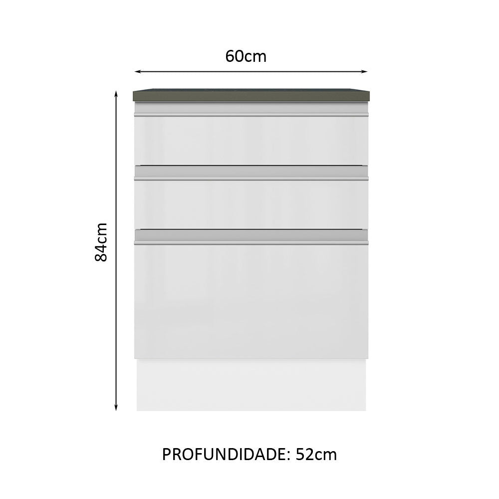 Balcão Madesa Acordes 100% MDF 60 cm 3 Gavetas Frentes Branco Brilho