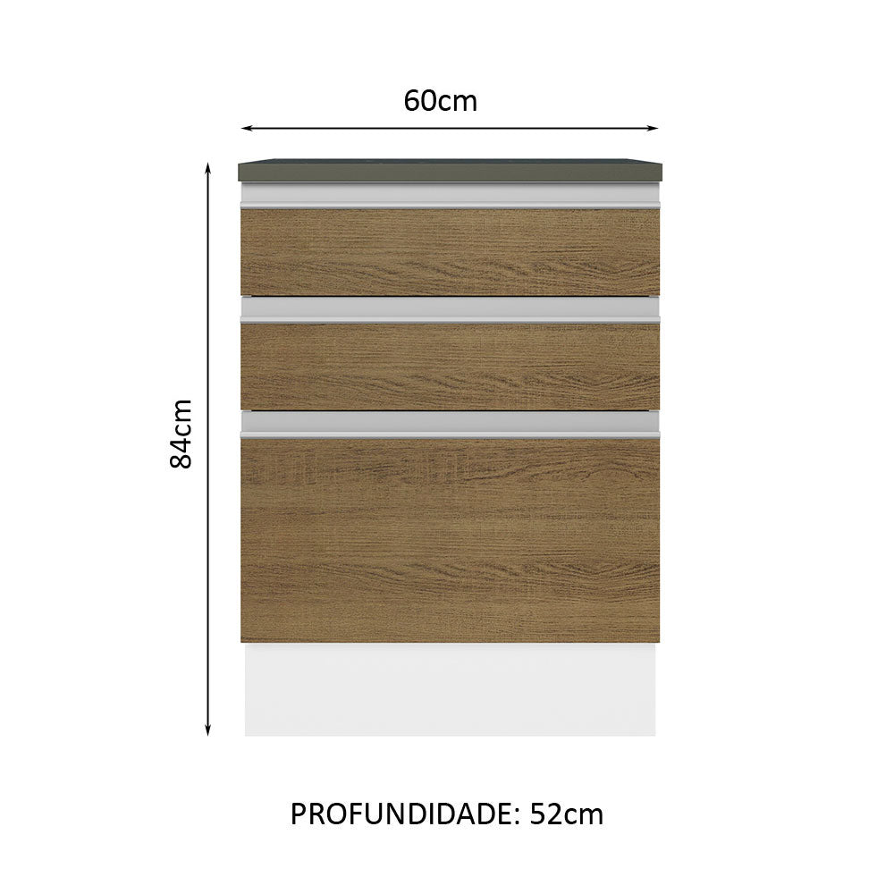 Balcão Madesa Acordes 100% MDF 60 cm 3 Gavetas Branco/Rustic