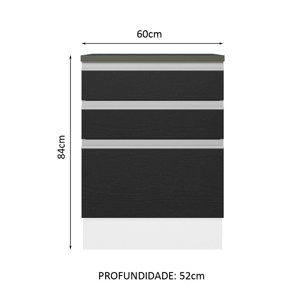 Balcão 100% MDF 60 cm 3 Gavetas Branco/Preto Acordes Madesa