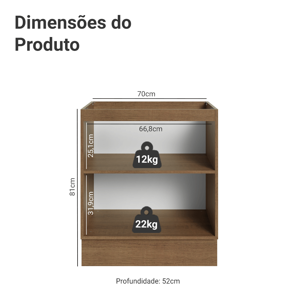 Balcão de Cozinha 70 cm 2 Portas (Sem Tampo) Rustic/Branco Vik Madesa