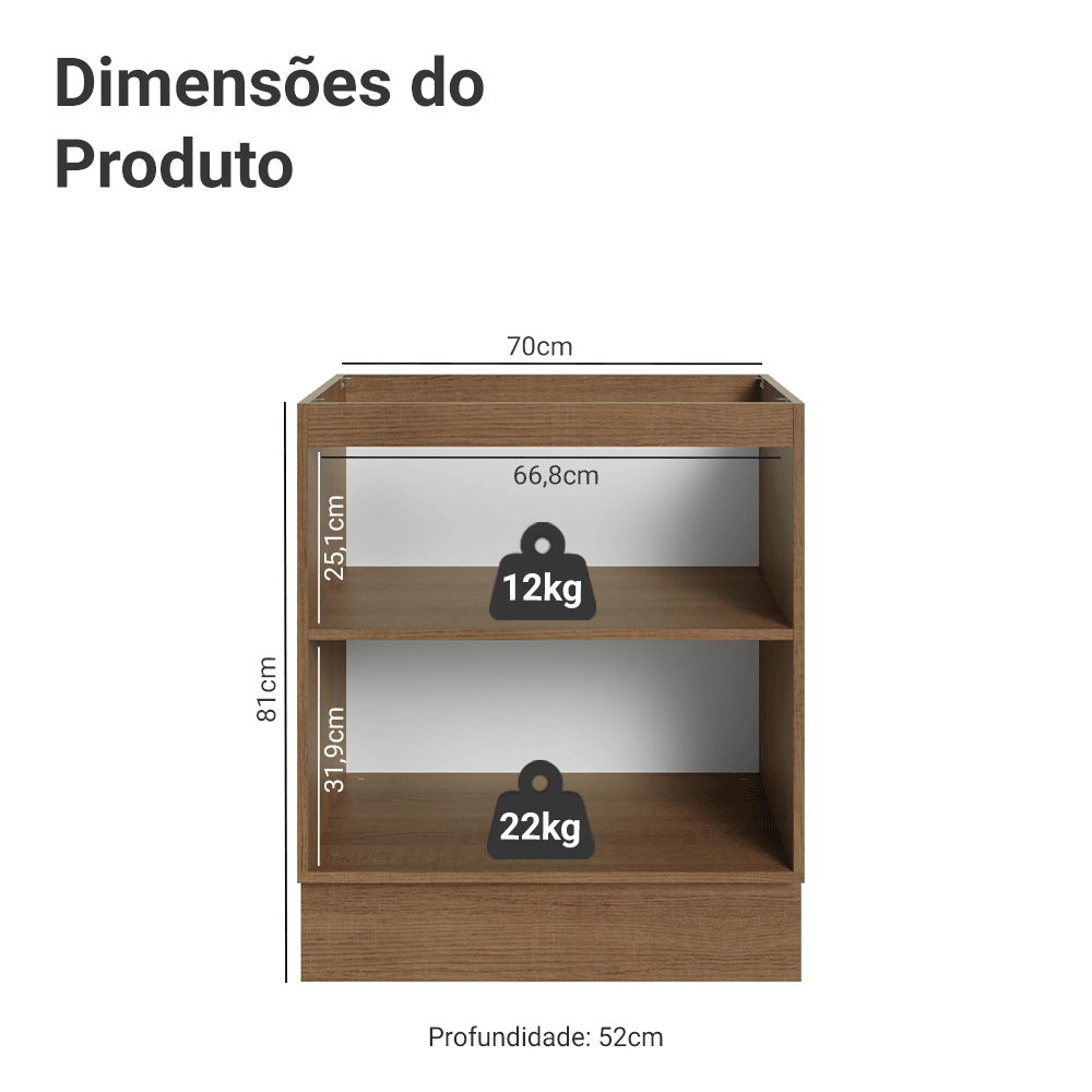Balcão de Cozinha 70 cm 2 Portas (Sem Tampo) Rustic/Crema Vik Madesa