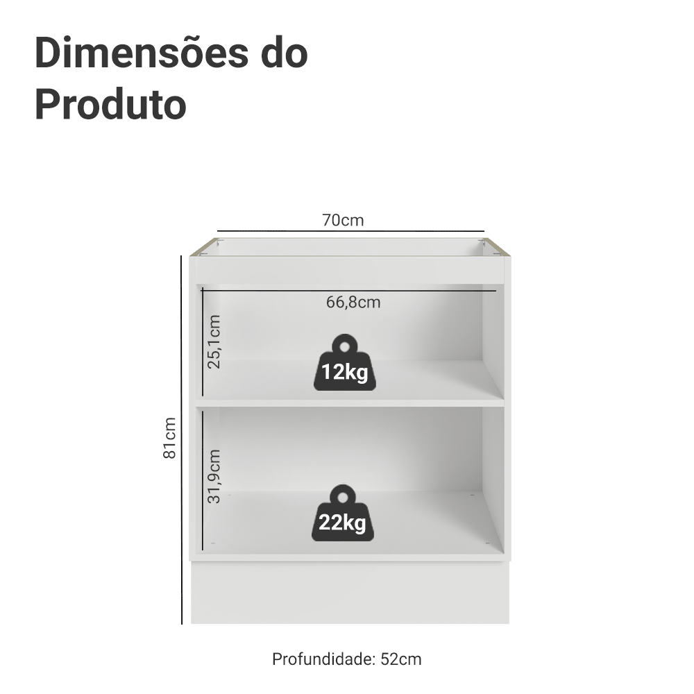 Balcão de Cozinha 70 cm 2 Portas (Sem Tampo) Branco/Cinza Agata Madesa