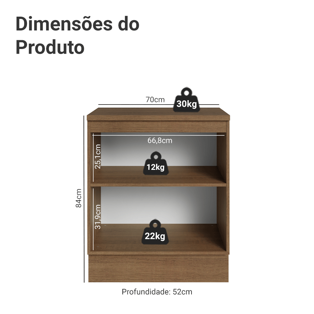 Balcão de Cozinha Madesa Agata 70 cm 2 Portas Rustic/Cinza