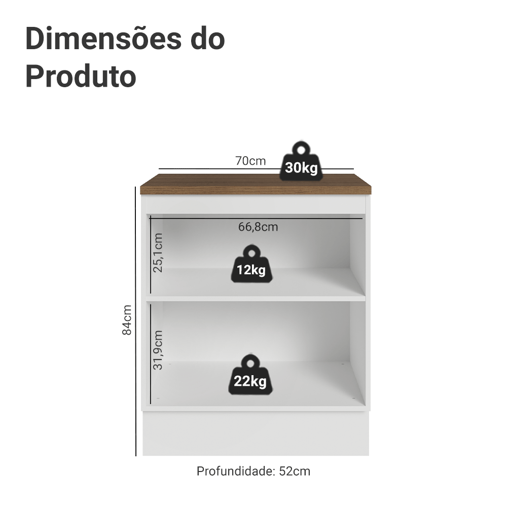 Balcão de Cozinha 70 cm 2 Portas Branco Tampo Rustic Agata Madesa