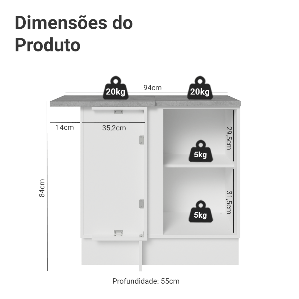 Balcão de Canto 1 Porta Branco/Preto Lux Madesa