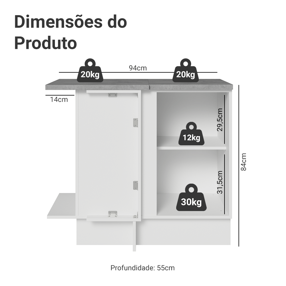 Balcão de Canto 1 Porta Branco/Preto Lux Madesa