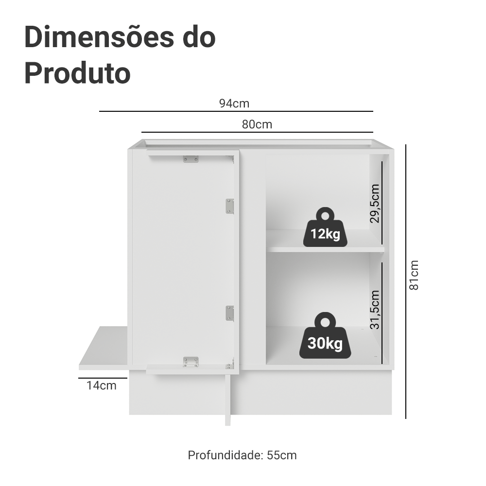 Balcão de Canto 1 Porta (Sem Tampo) Branco/Preto Lux Madesa