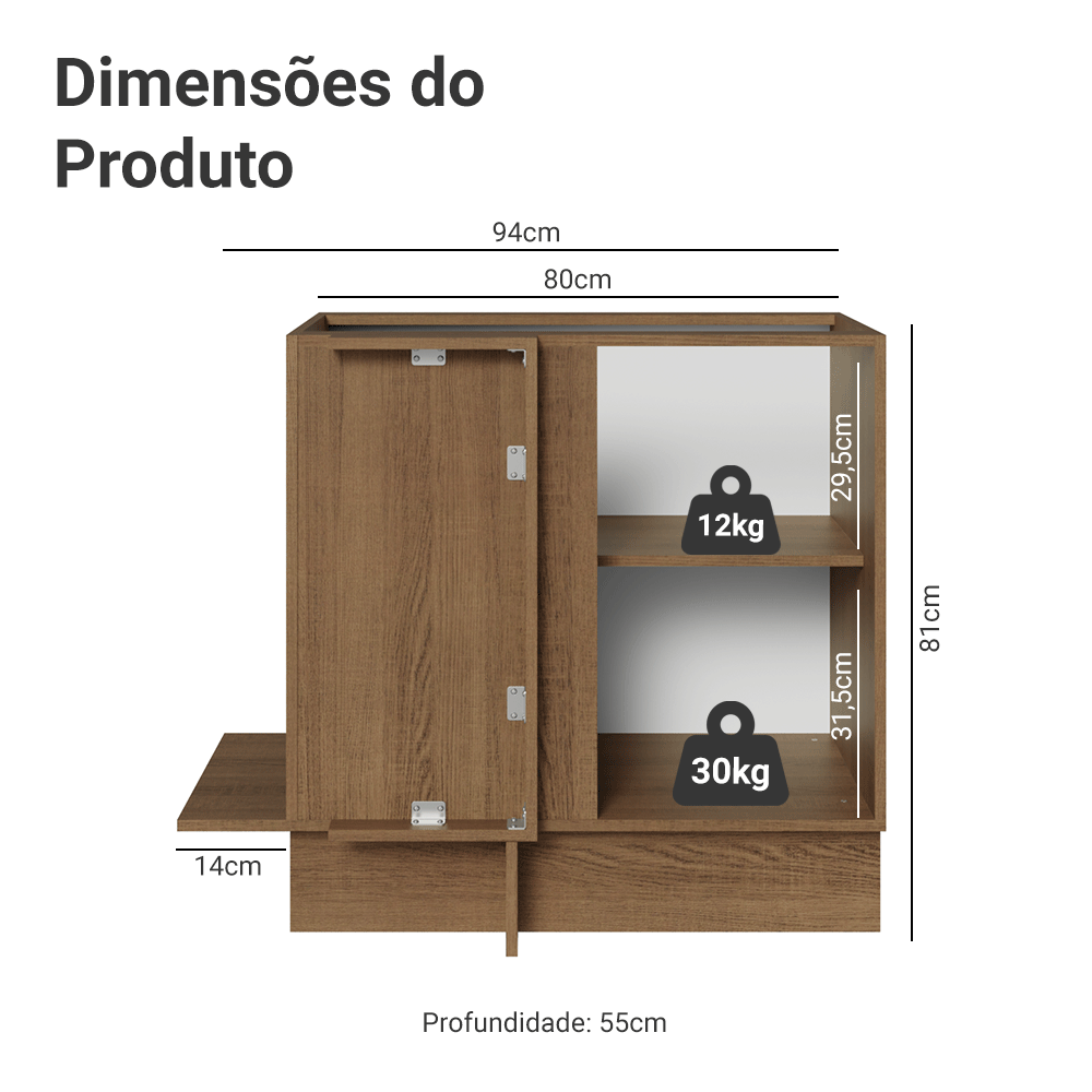 Balcão de Canto 1 Porta (Sem Tampo) Rustic/Preto Glamy Madesa