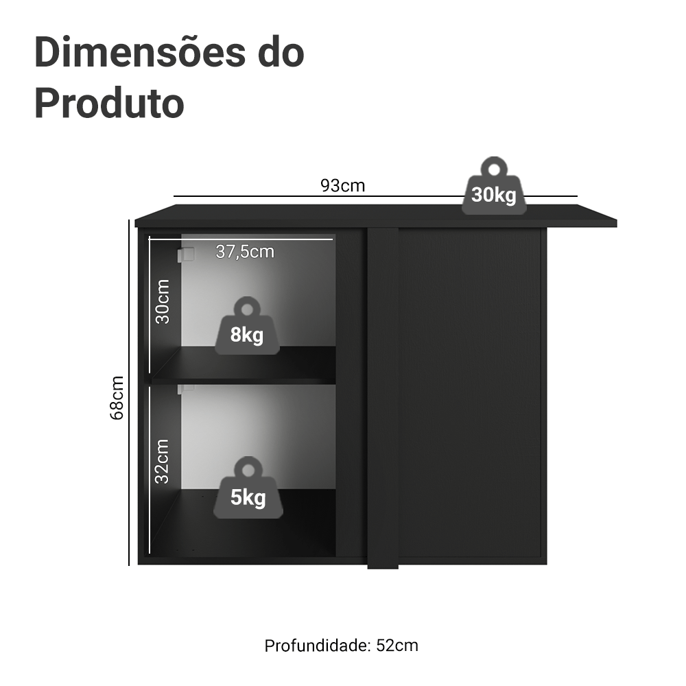 Balcão de Canto 1 Porta Suspenso Preto Nice Madesa