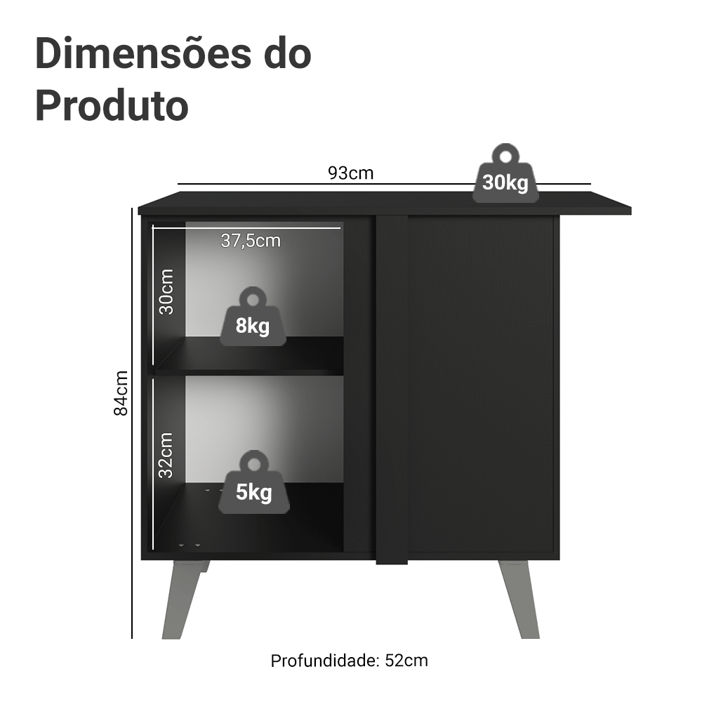 Balcão de Canto 1 Porta Com Pés Preto Nice Madesa