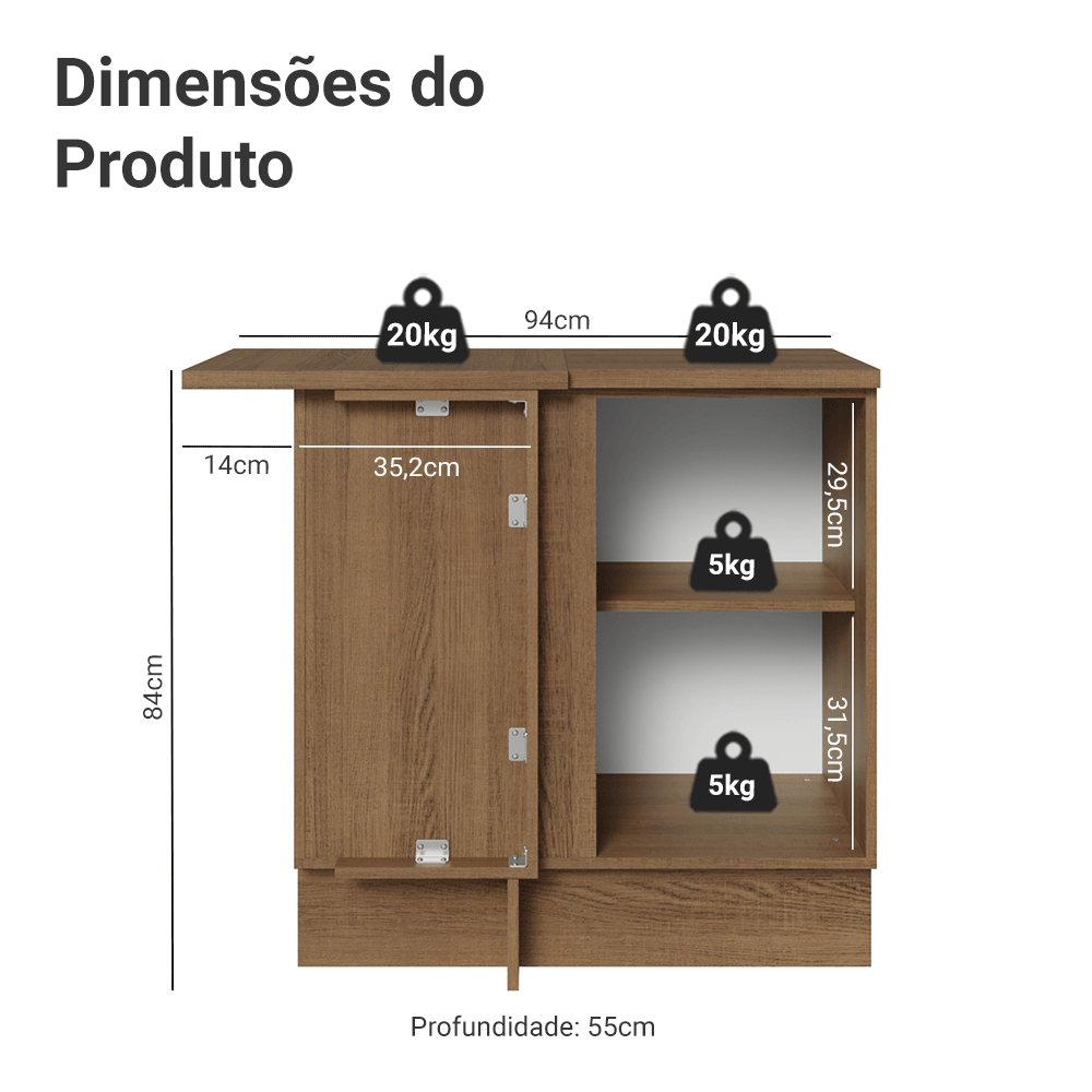 Balcão de Canto 1 Porta Rustic/Cinza Lux Madesa