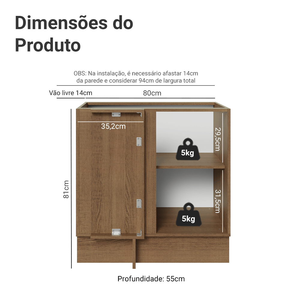 Balcão de Canto 1 Porta (Sem Tampo) Rustic/Cinza Lux Madesa