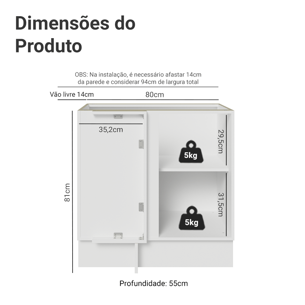 Balcão de Canto 1 Porta (Sem Tampo) Branco/Cinza Lux Madesa