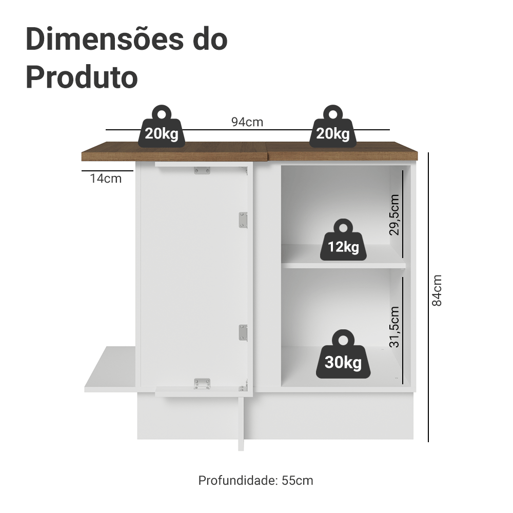 Balcão de Canto 94 cm 1 Porta Branco Tampo Rustic Agata Madesa