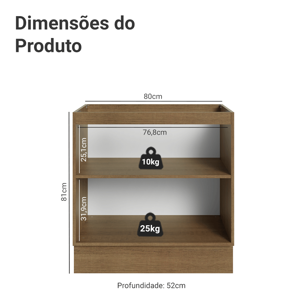 Balcão de Cozinha 80 cm 2 Portas (Sem Tampo) Rustic/Preto Lux Madesa
