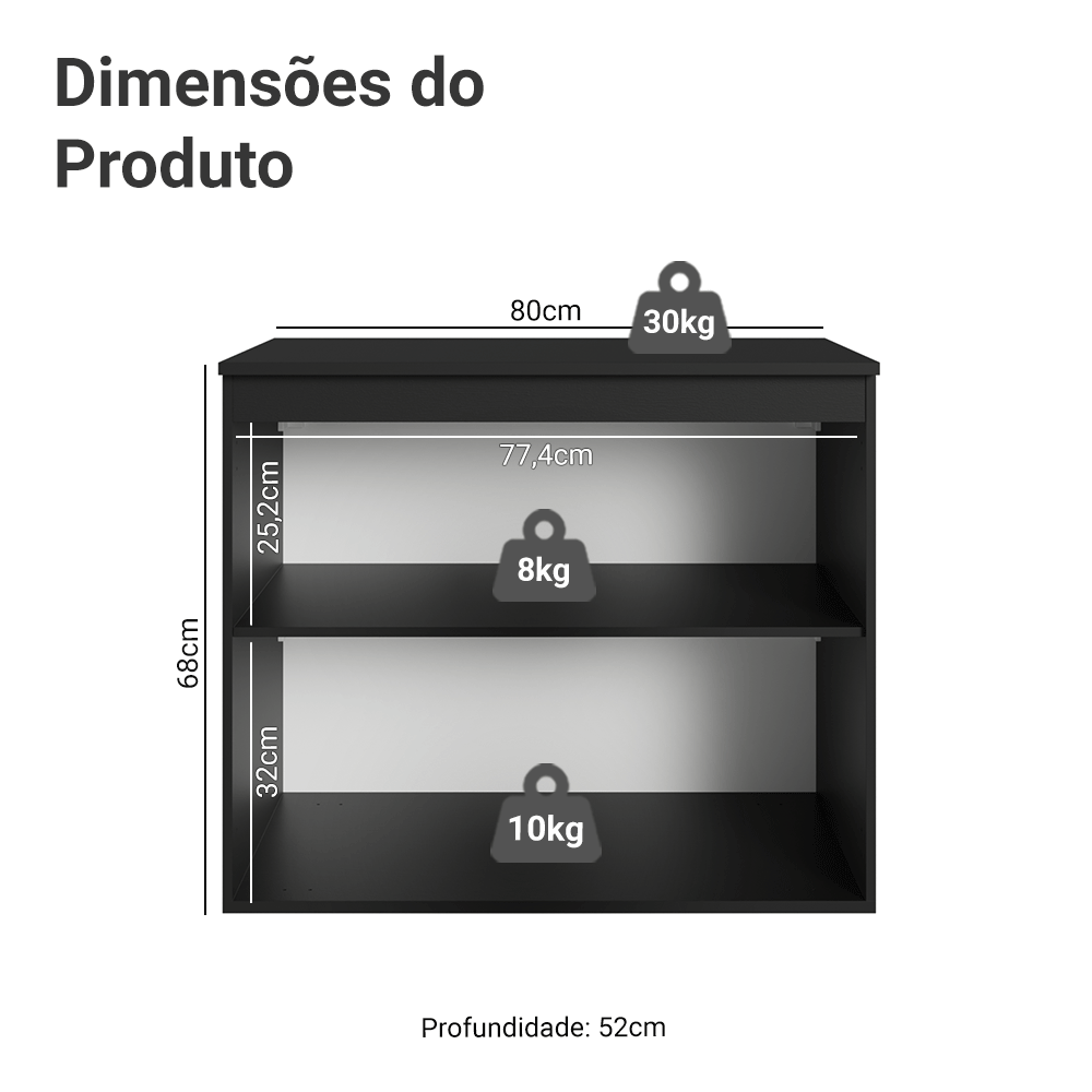 Balcão de Cozinha 80 cm 2 Portas Suspenso Preto Nice Madesa