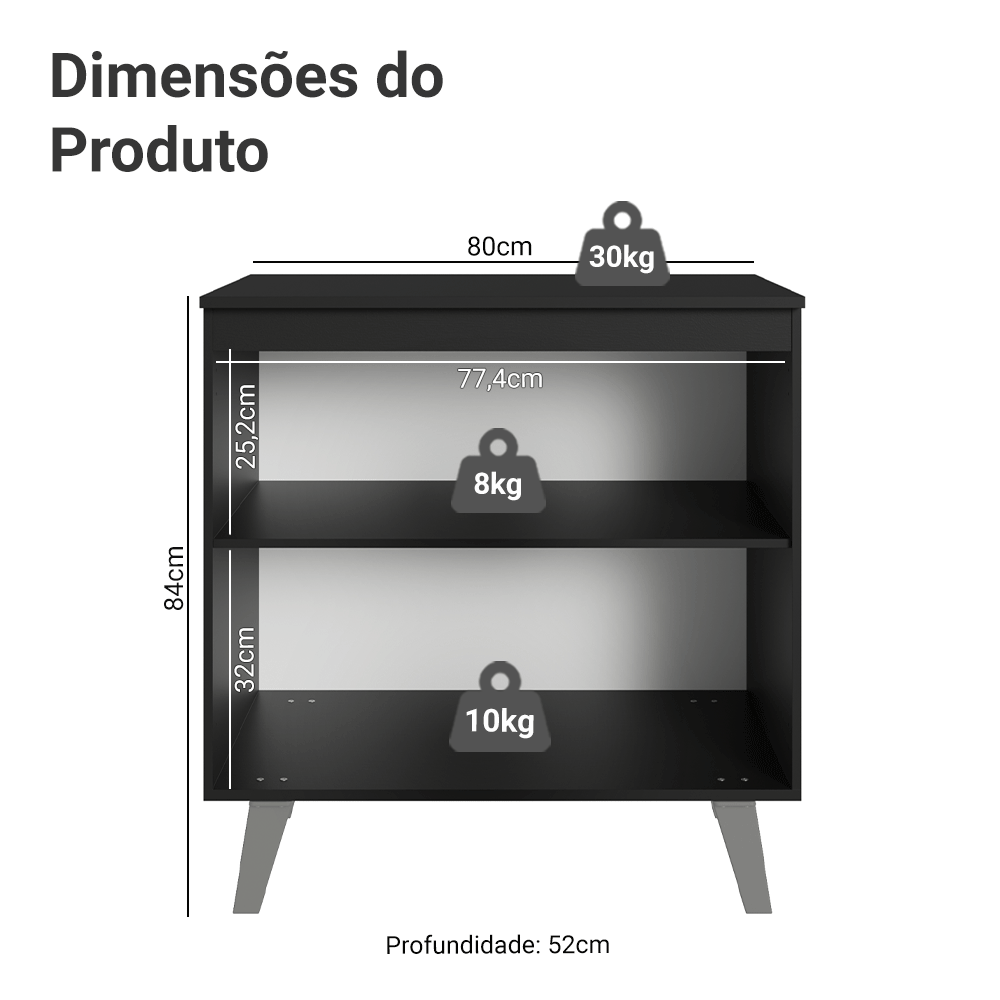 Balcão de Cozinha 80 cm 2 Portas Com Pés Preto Nice Madesa
