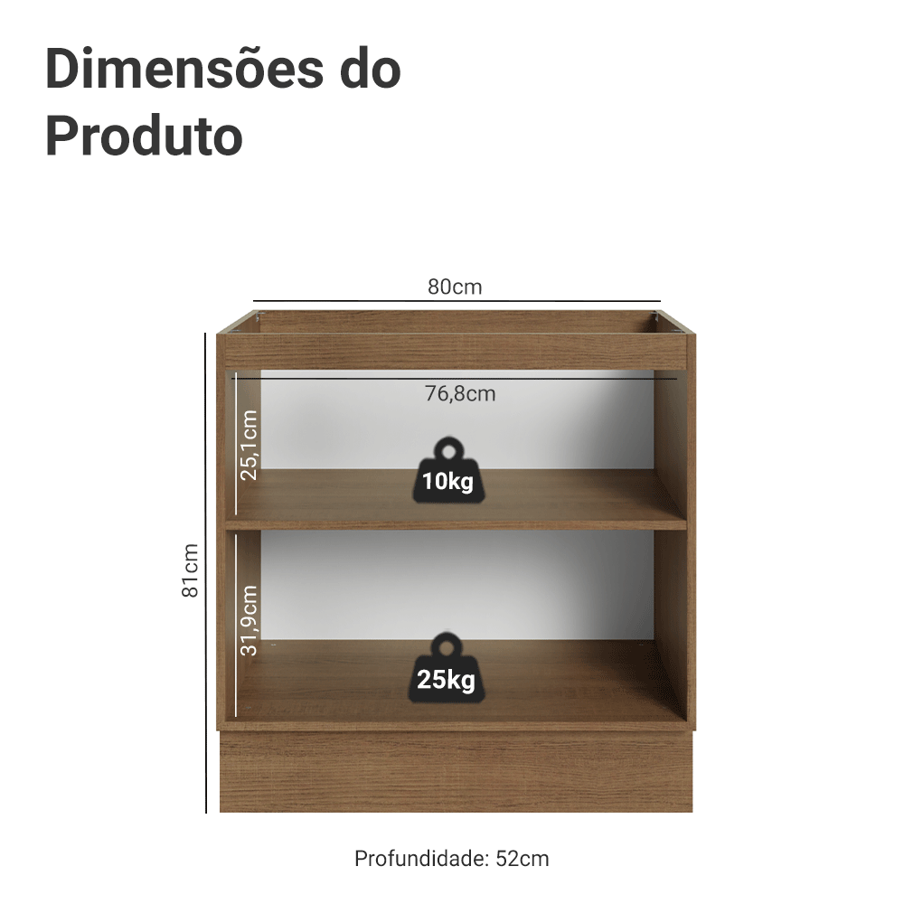 Balcão de Cozinha 80 cm 2 Portas (Sem Tampo) Rustic/Cinza Vik Madesa