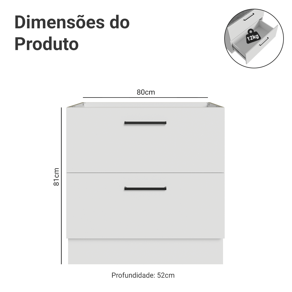 Balcão de Cozinha 80 cm 2 Gavetas (Sem Tampo) Branco Agata Madesa