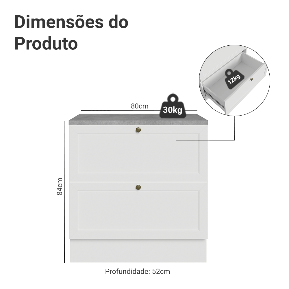 Balcão de Cozinha 80 cm 2 Gavetas Branco Vik Madesa
