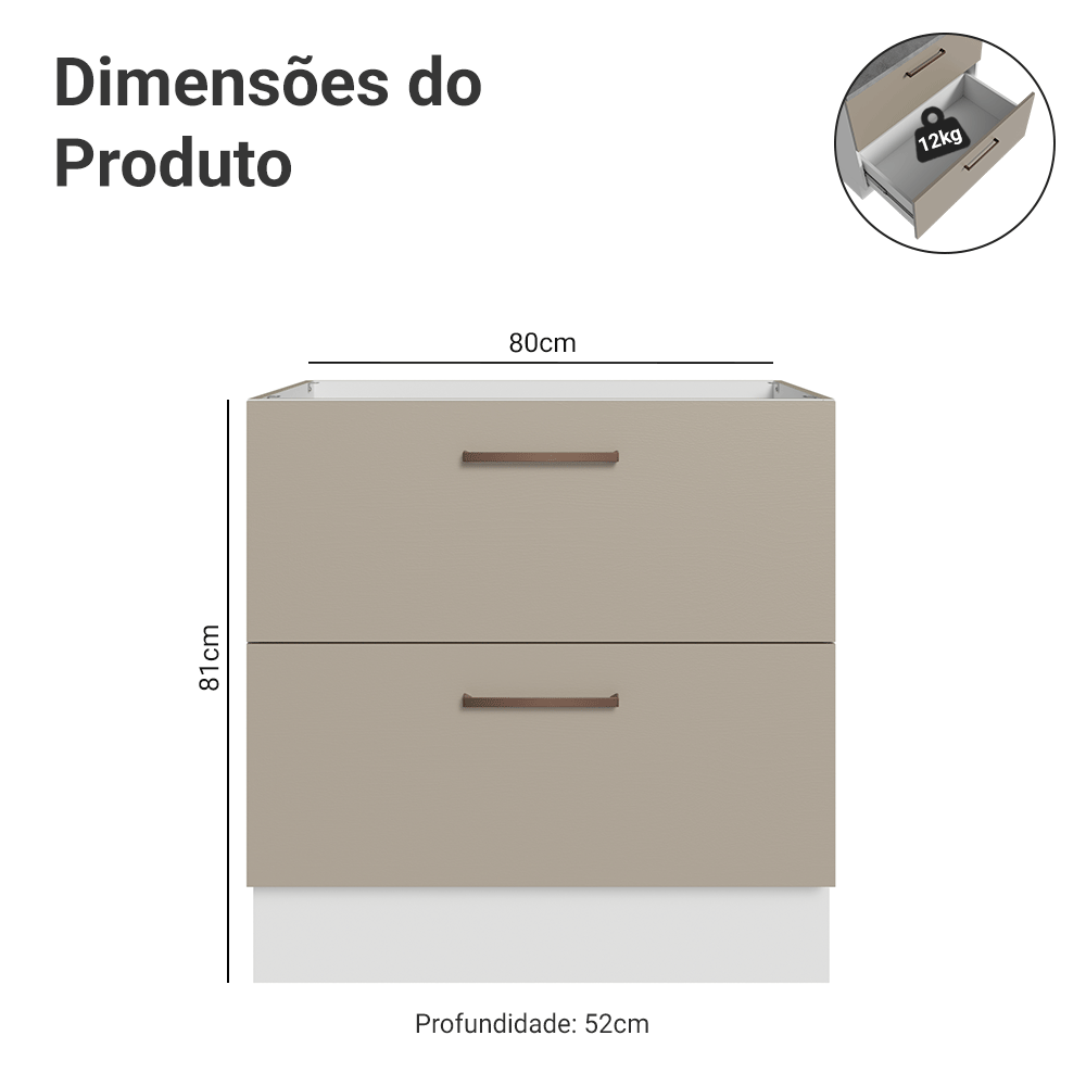 Balcão de Cozinha 80 cm 2 Gavetas (Sem Tampo) Branco/Crema Agata Madesa