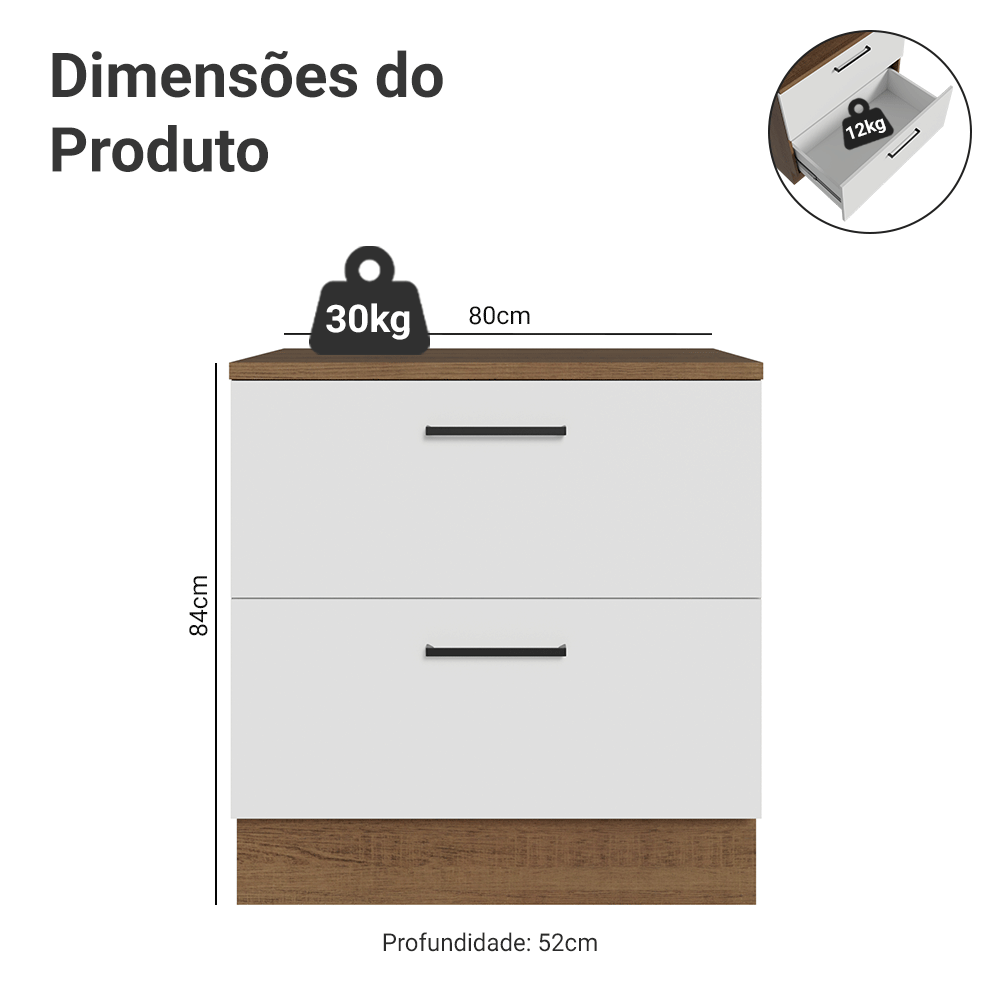 Balcão 80 cm 2 Gavetas Rustic/Branco Agata Madesa