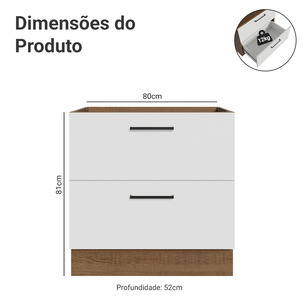 Balcão de Cozinha 80 cm 2 Gavetas (Sem Tampo) Rustic/Branco Agata Madesa