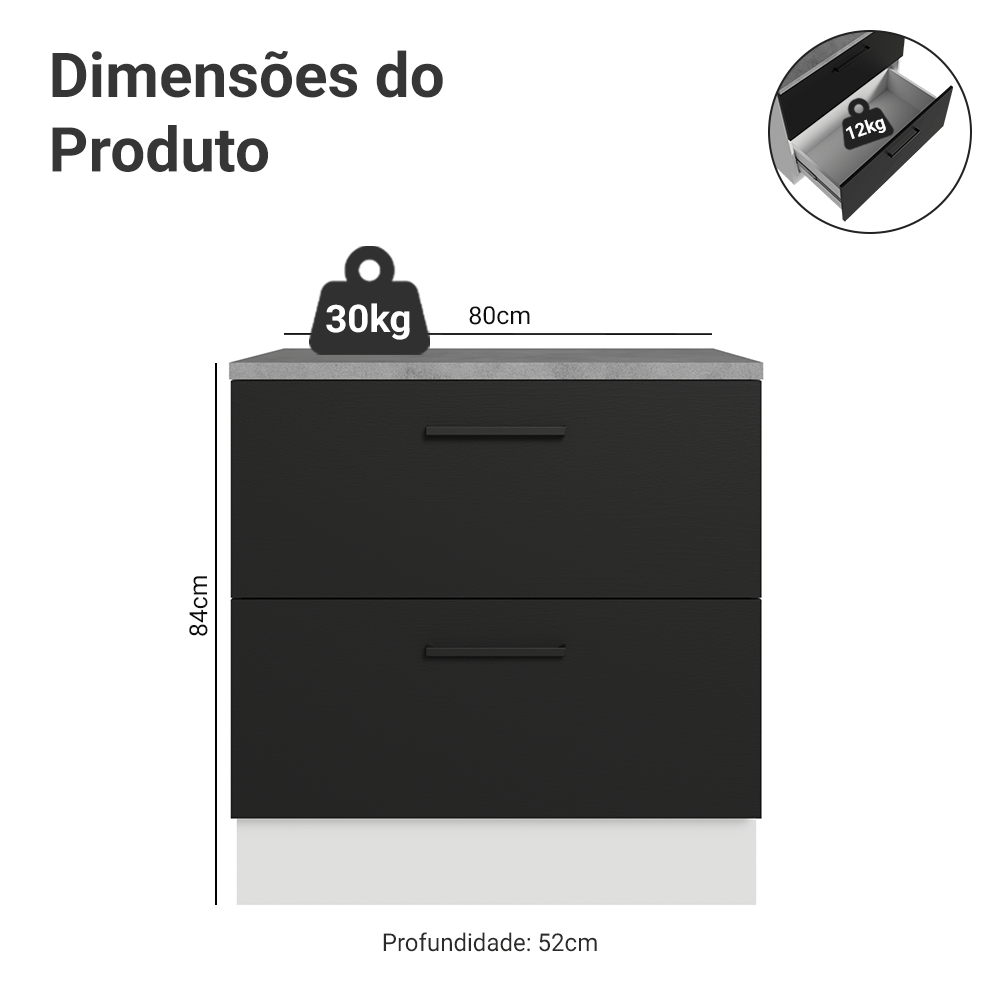 Balcão 80 cm 2 Gavetas Branco/Preto Agata Madesa