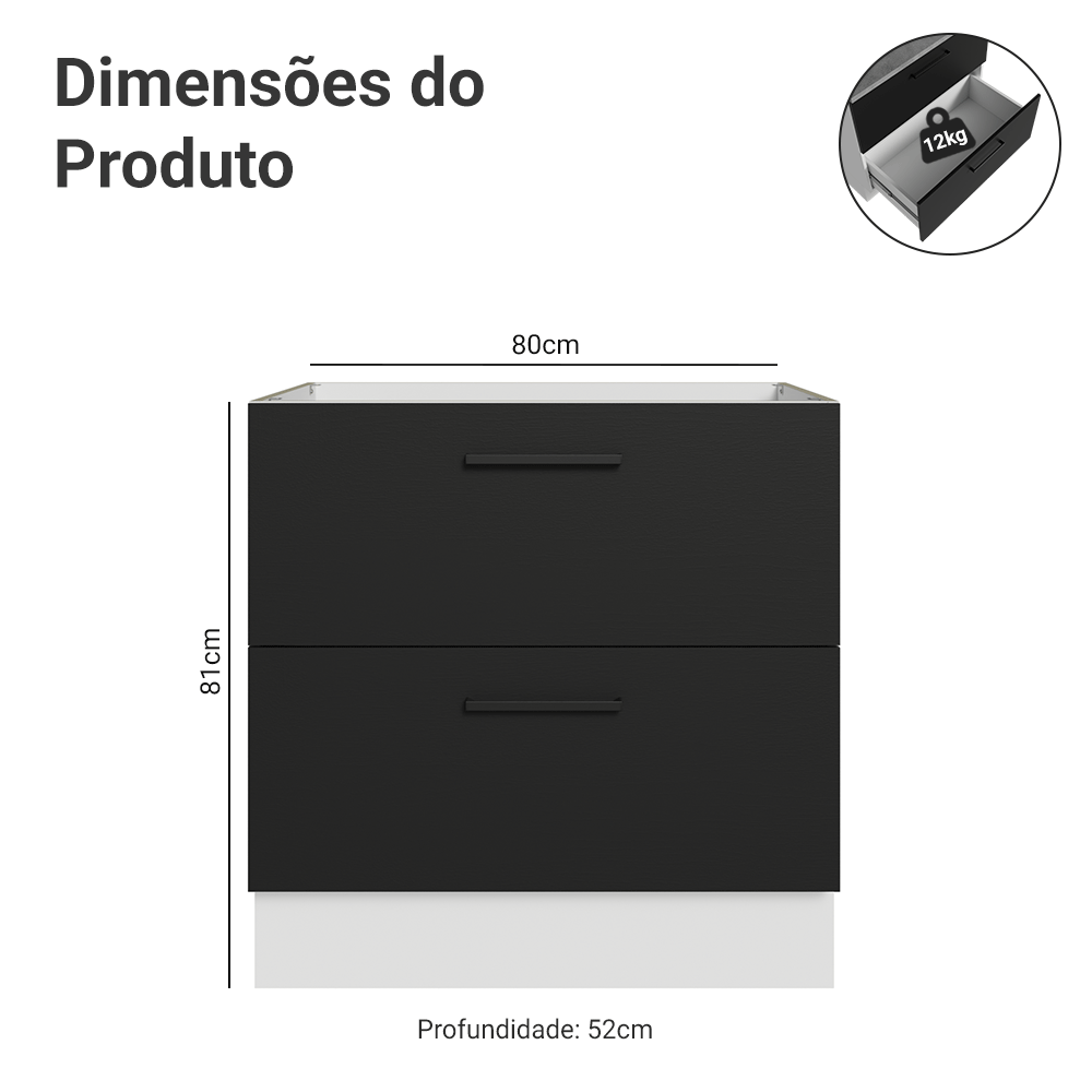 Balcão de Cozinha 80 cm 2 Gavetas (Sem Tampo) Branco/Preto Agata Madesa